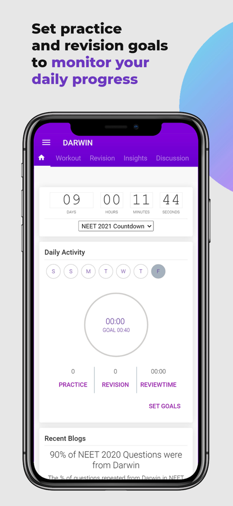 Darwin NEET Prep app dashboard showing daily progress tracking and study goals