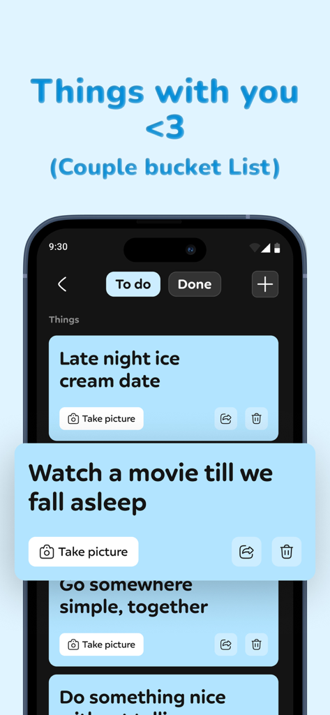 Interface do aplicativo Lovora com uma lista de desejos compartilhada para casais com ideias para encontros.