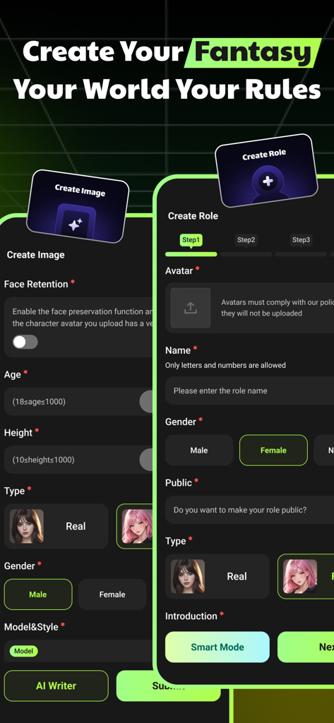 SayHi: Chat Now - Mobile app interface for creating custom AI characters with options for age gender and appearance style