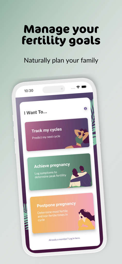 PeakDay Fertility Tracker App - Interfaz de la aplicación PeakDay que muestra opciones de planificación familiar para rastrear ciclos, lograr el embarazo o posponer el embarazo.