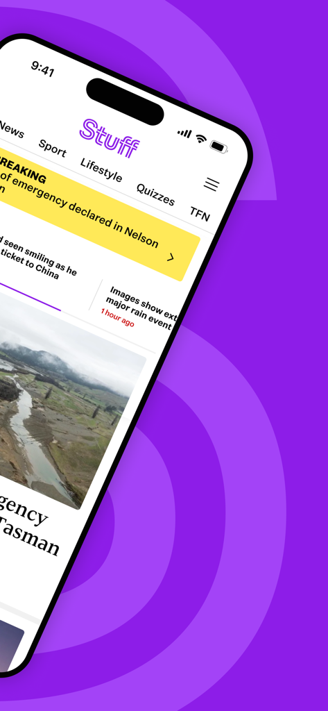 Stuff.co.nz - Pantalla de inicio de la app de noticias Stuff de Nueva Zelanda mostrando alertas de noticias de última hora y categorías de artículos