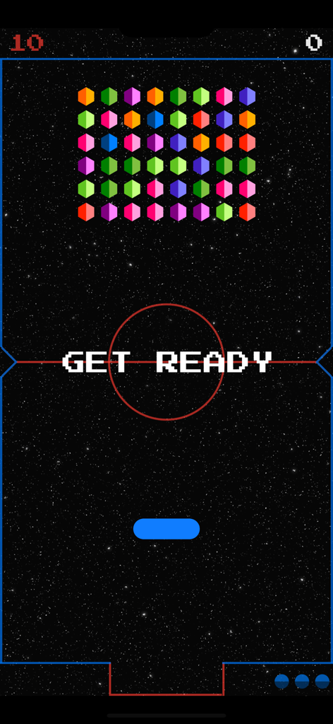Juego arcade rompe ladrillos Space-Bar con hexágonos coloridos y una pala azul