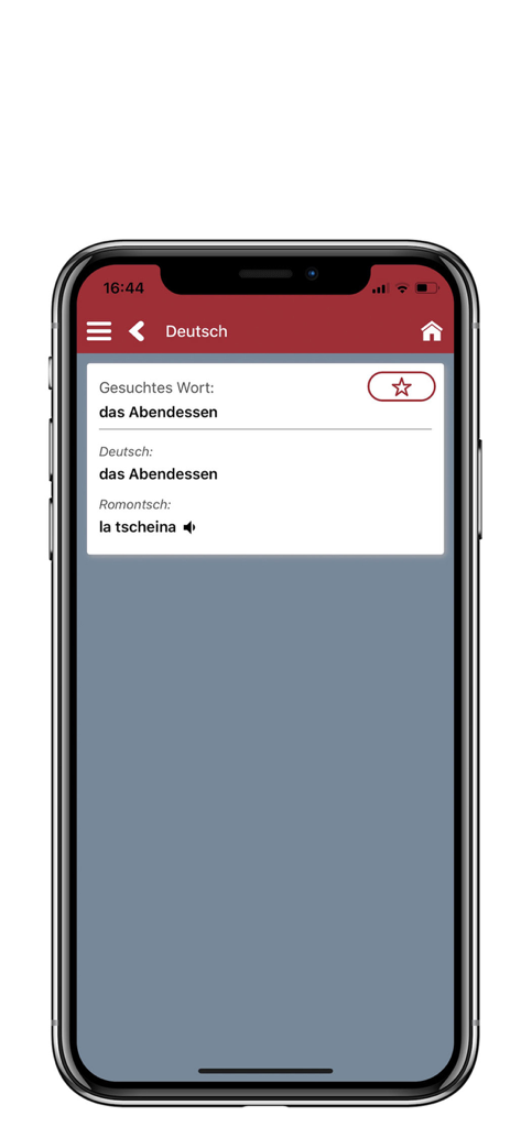 Um screenshot da interface do aplicativo móvel Vokabeltrainer Sursilvan mostrando uma tradução de vocabulário de alemão para Sursilvan do Romanche