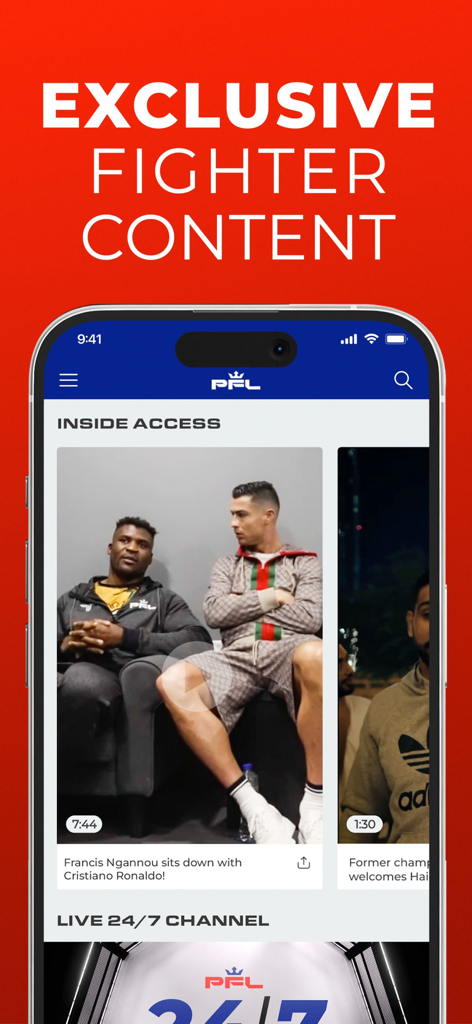 PFL - PFL app screen showing exclusive fighter content with Francis Ngannou and Cristiano Ronaldo