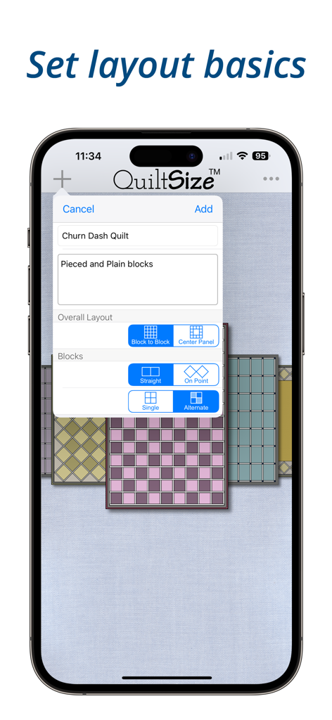 QuiltSize - Interface of the QuiltSize app for configuring quilt layout basics and block patterns