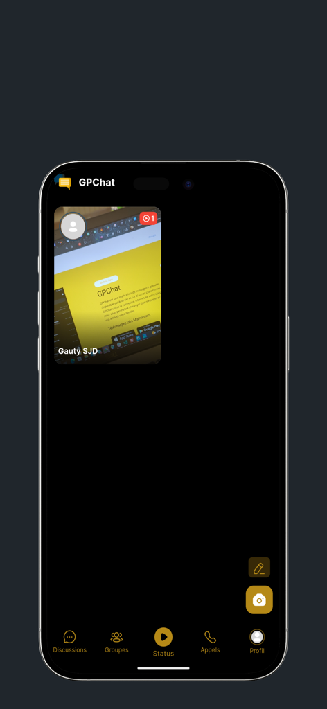 The status updates screen of the GPChat mobile app showing a user story and interaction buttons