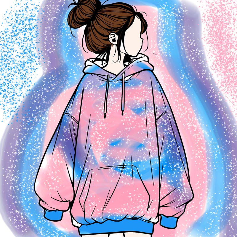realistic girl with a oversized sweatshirt on and a bun