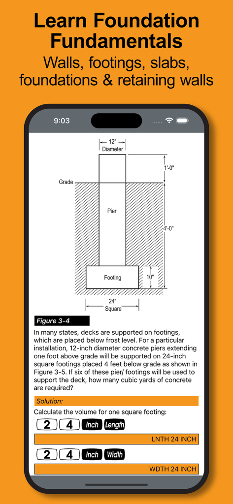 Construction Master Pro Guide - Construction Master Pro Guide app screen showing foundation fundamentals with a technical pier and footing diagram and step by step calculation solution