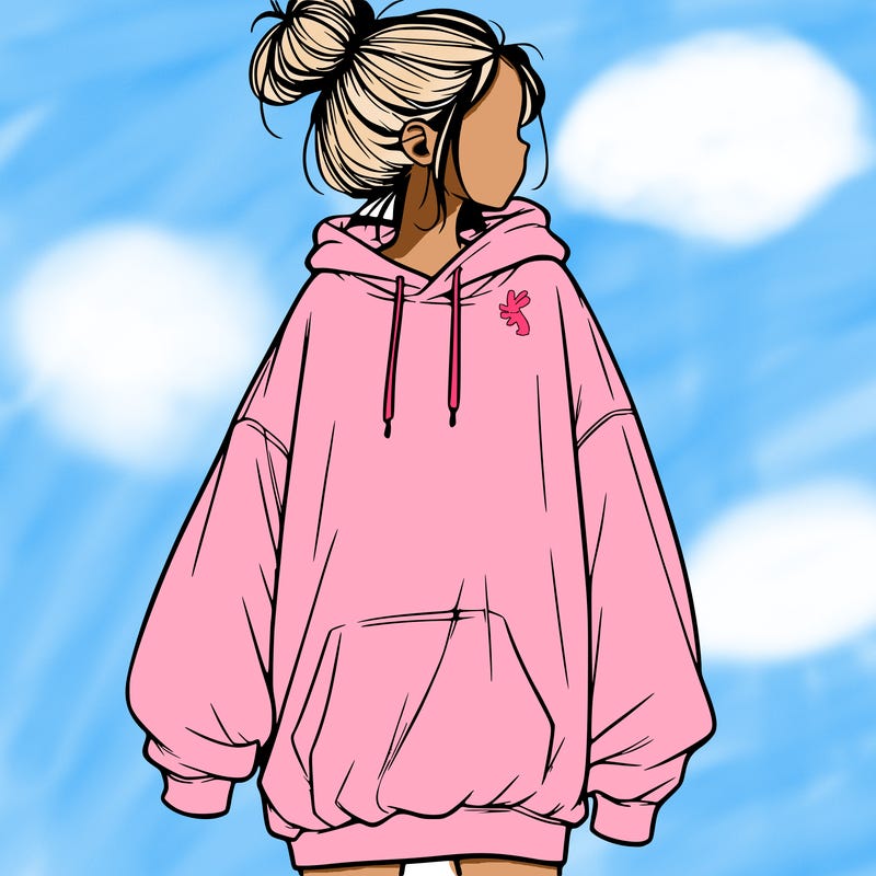 realistic girl with a oversized sweatshirt on and a bun