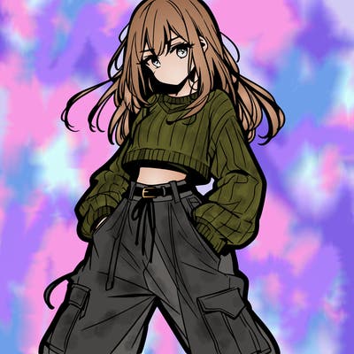 anime teen girl with baggy pants and crop top with sweater
