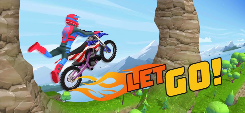 Um motociclista realizando uma acrobacia no ar em uma moto com padrão de bandeira dos EUA em um jogo de corrida 3D