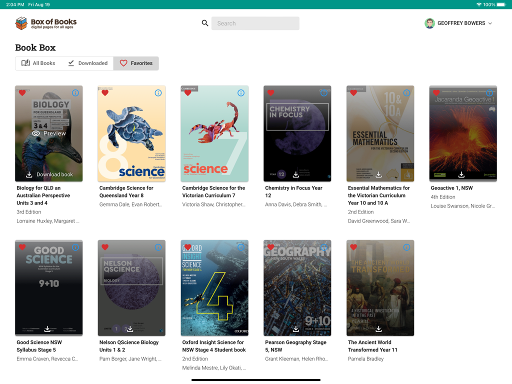 Box of Books Reader - Digital library interface of Box of Books Reader displaying various K-12 textbooks on an iPad