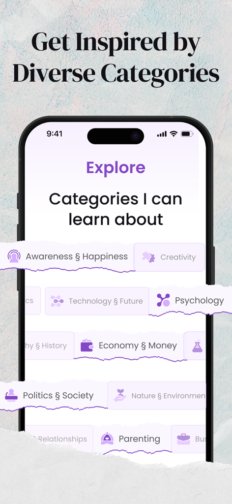 Pantalla de smartphone que muestra diversas categorías de aprendizaje en la aplicación kitUP
