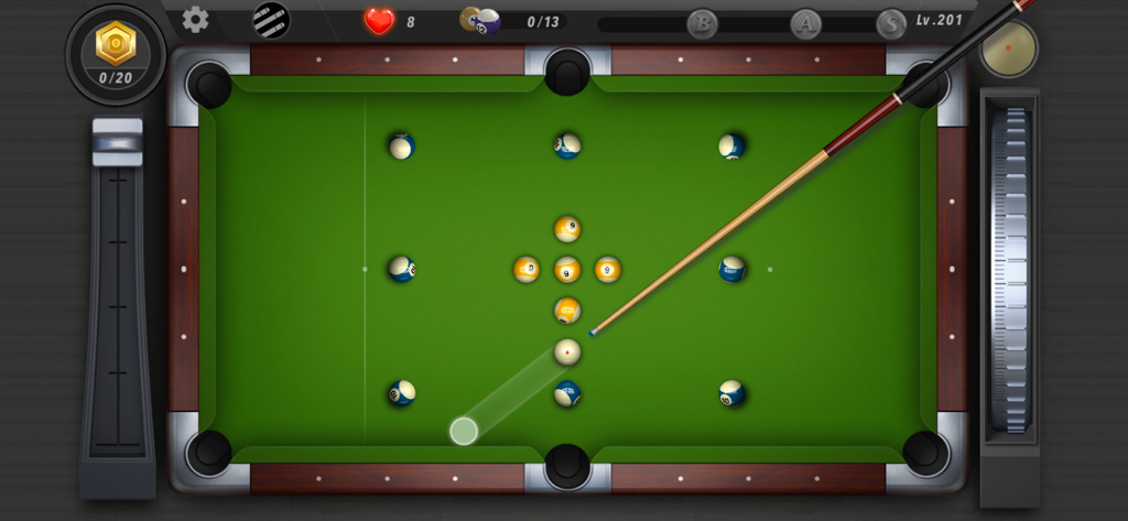 A top down view of a pool table and cue stick in the Pooking Billiards City game