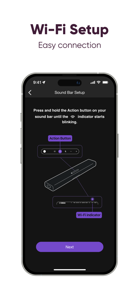 Sound Bar Controller - Yamaha Sound Bar Controller app showing Wi-Fi setup instructions and hardware button locations.