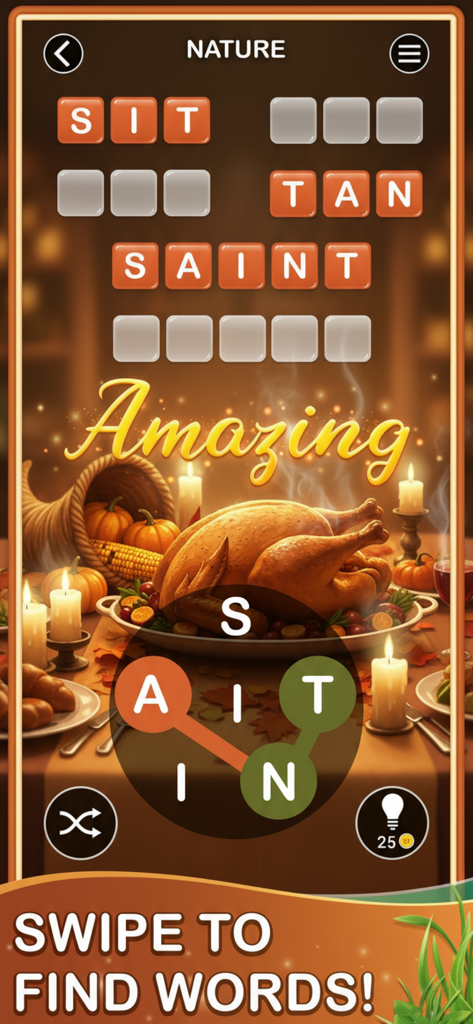 Word Trip gameplay screen showing a Thanksgiving themed word puzzle with a roasted turkey background