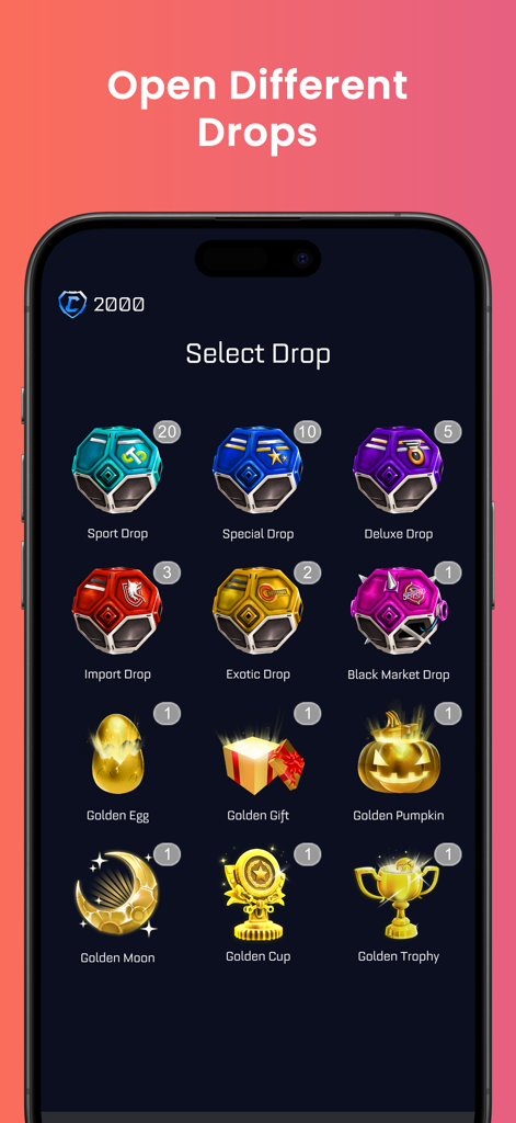 RL Drop Simulator - Selection screen of RL Drop Simulator app showing various crate types like Sport, Exotic, and Golden drops.