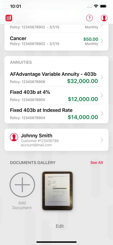 AFmobile® - AFmobileアプリのインターフェース。年金残高、保険契約、領収書のドキュメントギャラリーが表示されます。