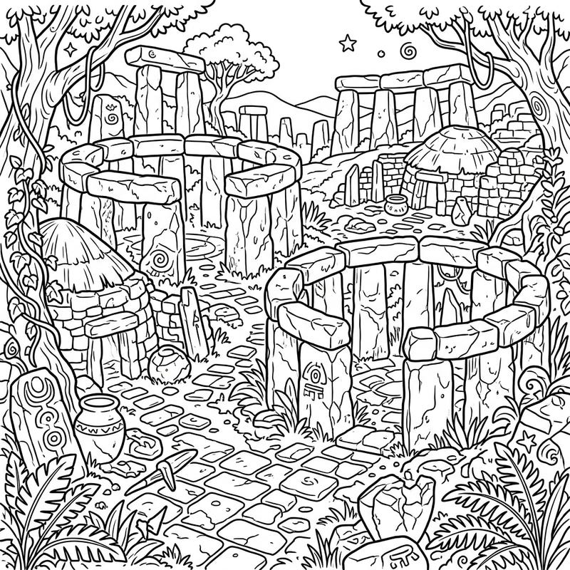 Delve into the mysteries of bygone eras with this captivating prehistoric ruins coloring page, specially designed for seniors. Enjoy large print and clear outlines as you bring ancient megaliths and forgotten settlements to life.