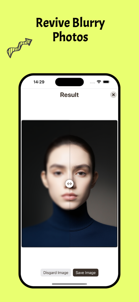 Un retrato antes y después de la mejora de IA que muestra una imagen borrosa volviéndose nítida y clara.