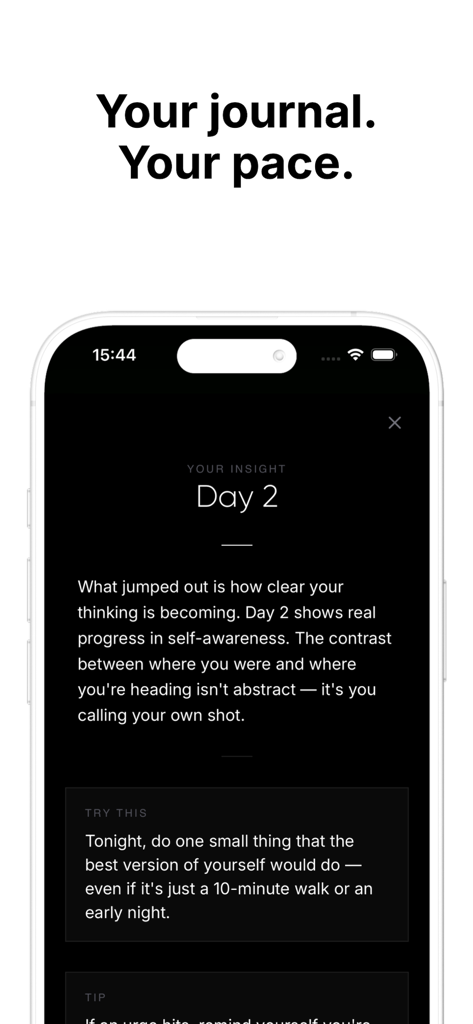 less. Drink less & Stay Sober - Smartphone screen showing a daily insight and personal sobriety journal reflection in the less app