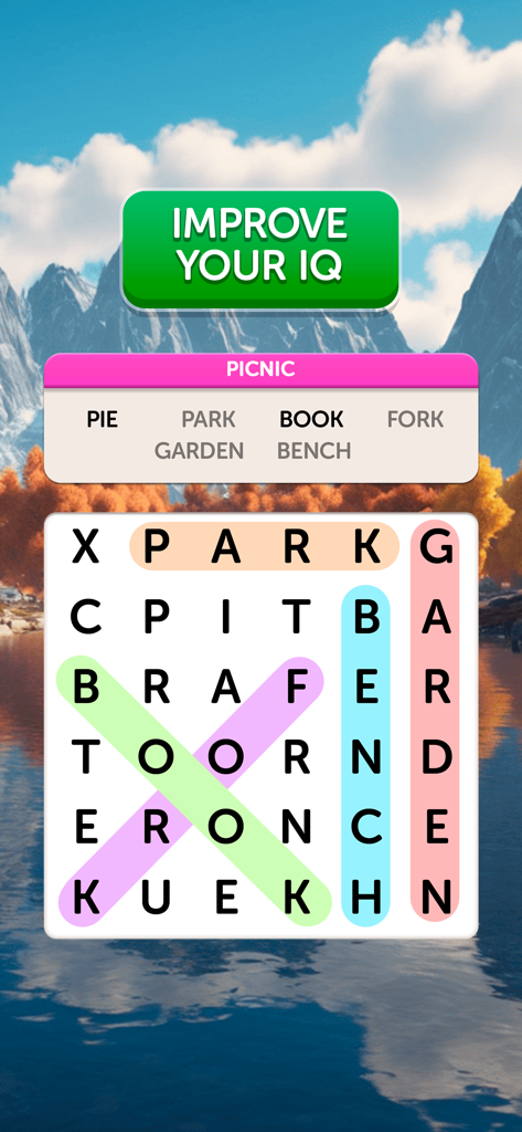 Griglia di puzzle di ricerca di parole con parole come parco e giardino evidenziate su uno sfondo di montagna panoramico.