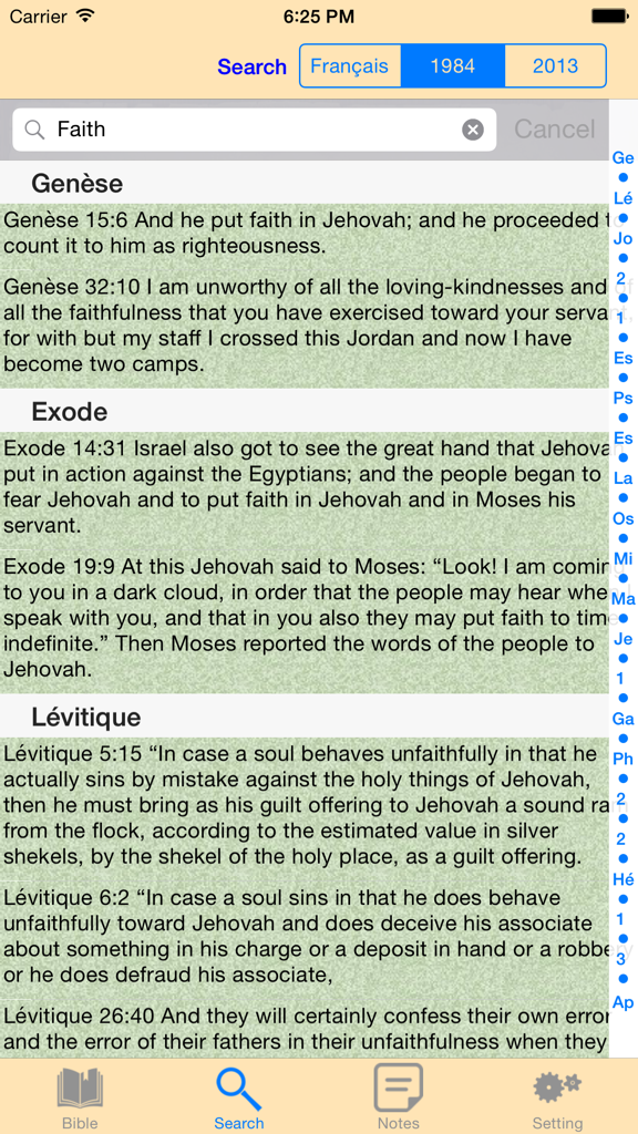 Search results for the word faith in the New World Translation Bible app showing verses from Genesis and Exodus.