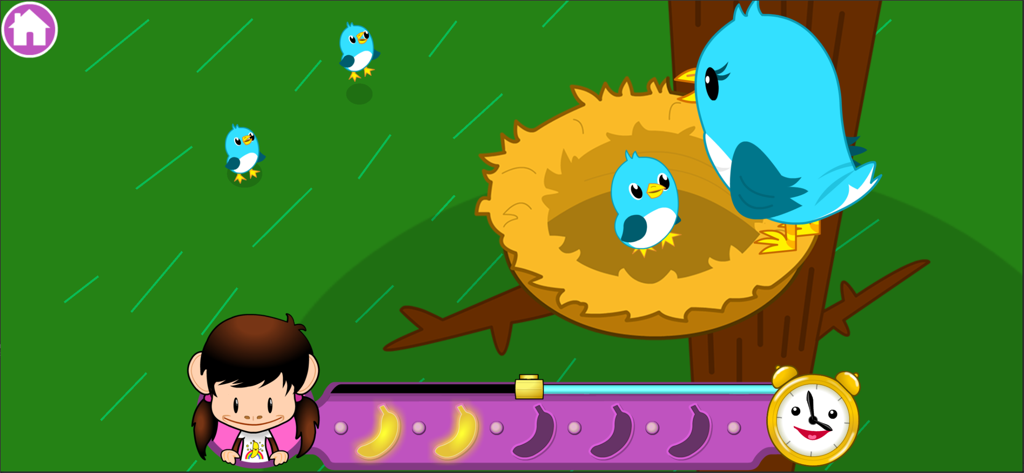 Zuzu's Bananas - Zuzus Bananas gameplay screen showing a blue bird family in a nest with falling rain and a progress bar