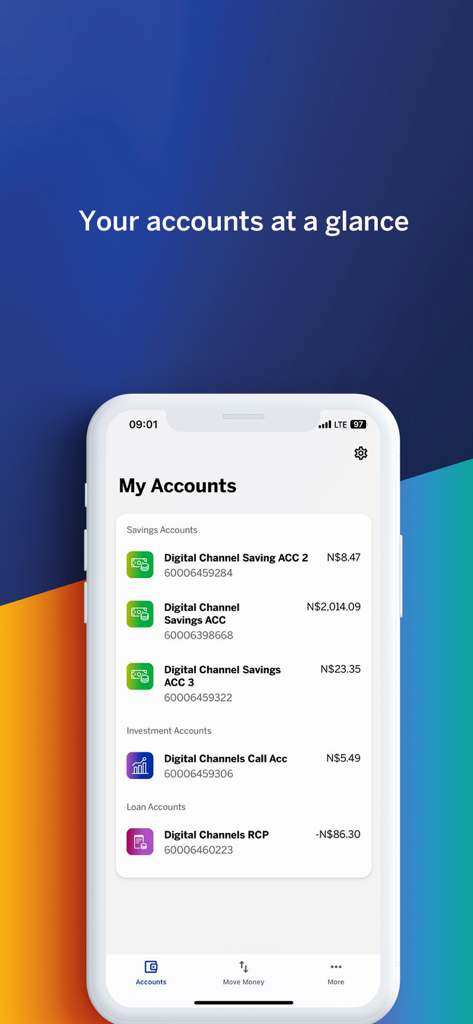 Smartphone screen showing the My Accounts section of the Standard Bank Namibia app with savings and investment account balances.