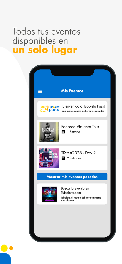 Tuboleta Pass mobile app displaying a list of digital tickets for upcoming events and concerts