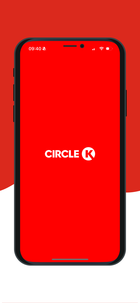 My Carwash (CK) - Logo Circle K em uma tela de introdução vermelha para o aplicativo móvel Meu Lava-Rápido