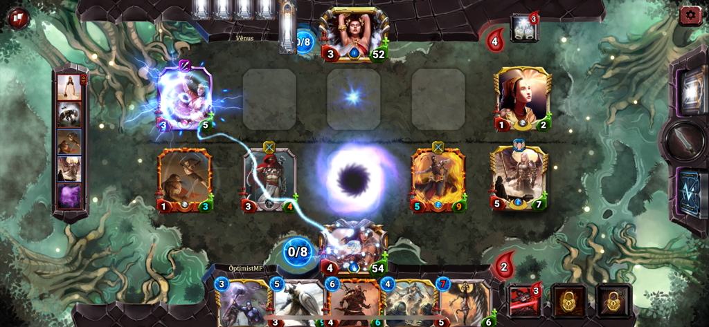 Gameplay-Screenshot von Runestrike CCG, der einen strategischen Kartenkampf mit mythischen Champions zeigt
