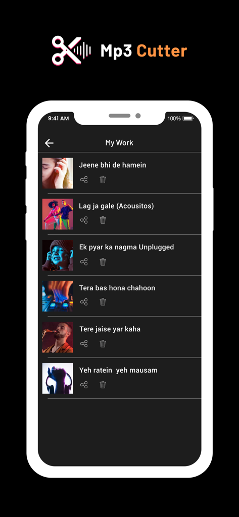 Un écran de smartphone montrant la section Mes travaux de l'application MP3 Cutter avec une liste de fichiers audio sauvegardés et édités.