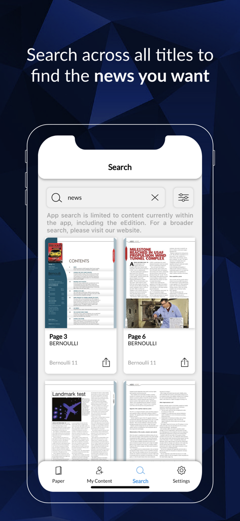 Race Tech - Interfaz de búsqueda de la aplicación móvil Race Tech mostrando resultados de noticias de ingeniería y artículos técnicos de automovilismo.