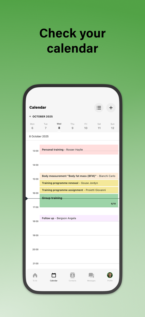 Mywellness for Professionals - Mywellness for Professionals app calendar view showing a daily schedule for personal trainers and gym managers