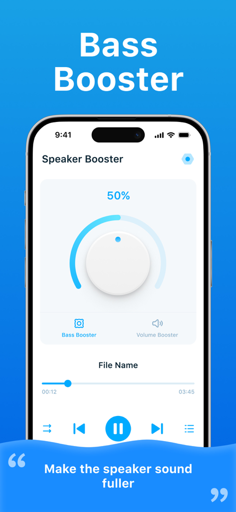 Clear Wave app interface showing the Bass Booster feature with a control dial at 50 percent.