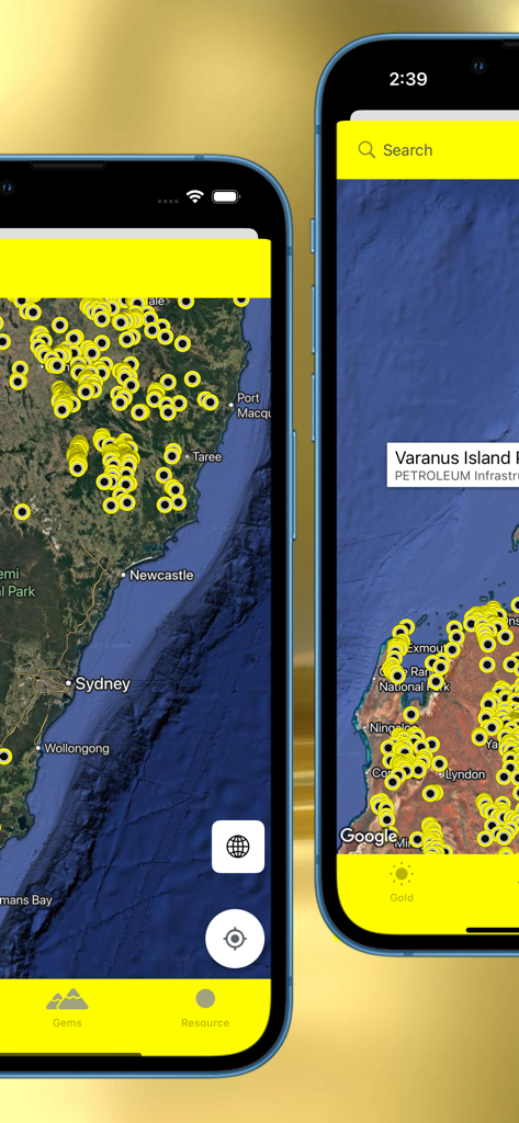 Screenshots of the Gold Maps Australia app showing prospecting locations on a satellite map
