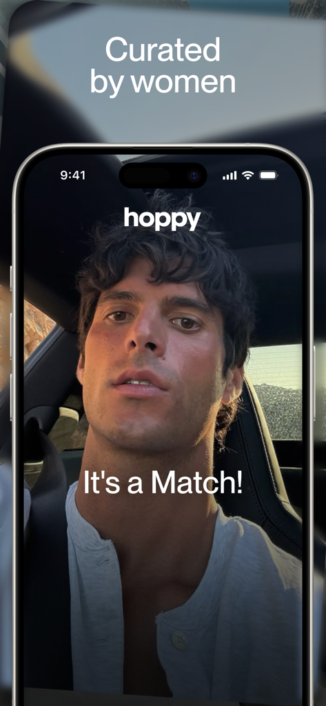 Match screen on Hoppy dating app showing the curated by women tagline