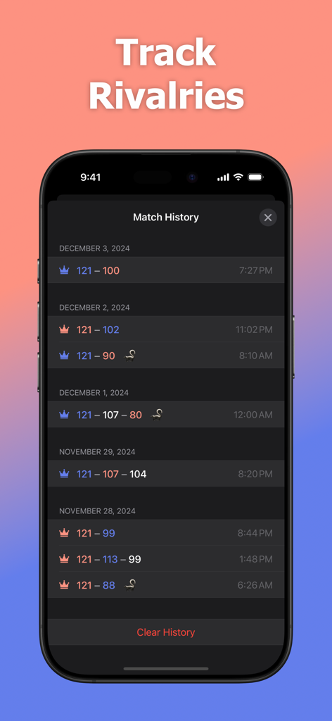 Cribtastic app match history screen displaying a list of past cribbage scores and game dates.