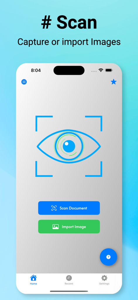 AI Image to Text OCR Scanner - Pantalla principal de la aplicación escáner OCR con IA con botones para escanear documentos e importar imágenes
