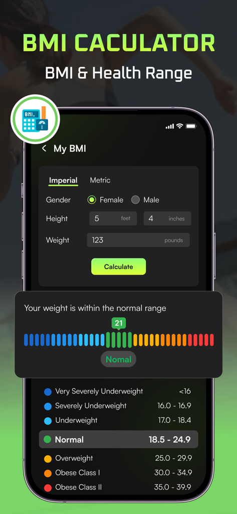 Step Counter - Daily Pedometer - Una pantalla de smartphone mostrando una interfaz de calculadora de IMC con un gráfico de resultados para rangos de salud.