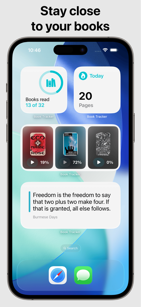 Book Tracker: Bookshelf log - iPhone home screen displaying various Book Tracker widgets showing reading goals, daily page counts, current book progress, and a favorite book quote.