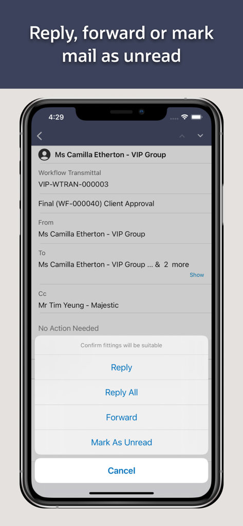 Oracle Aconex - Oracle Aconex app interface showing project mail with options to reply forward or mark as unread