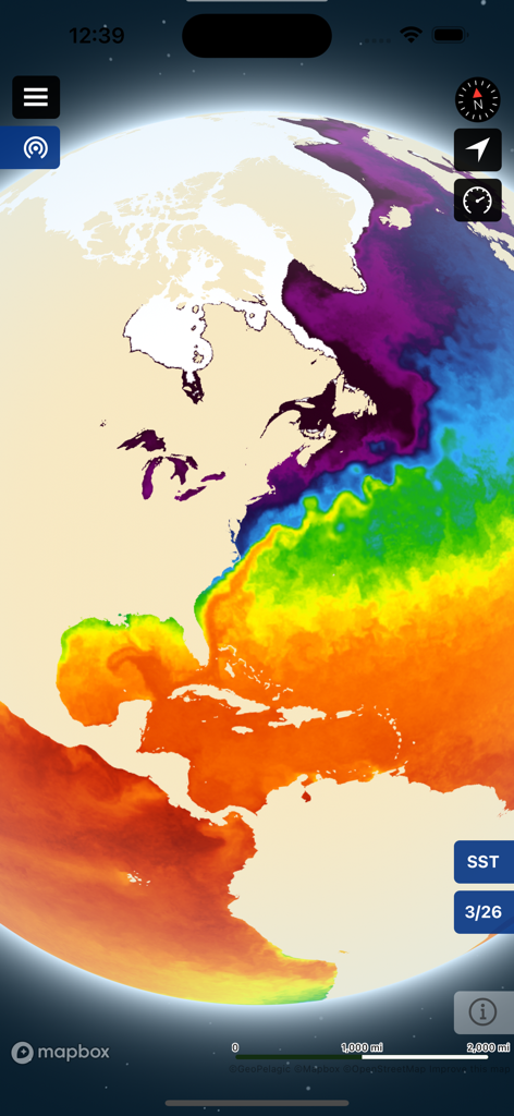 Mappa termica della temperatura superficiale del mare dell'Oceano Atlantico sull'app BigBlue Offshore Fishing