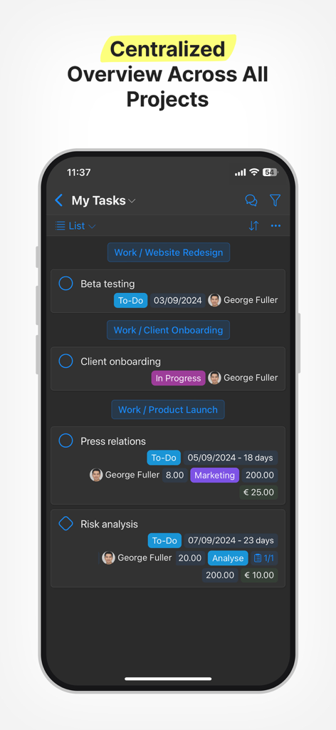 Interface do aplicativo Zenkit exibindo uma lista centralizada de tarefas organizadas em diferentes projetos de trabalho.