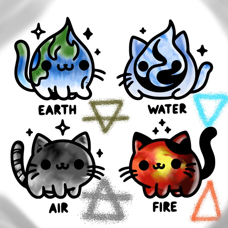 4 cats that represent the different elements, earth, water, air, and fire