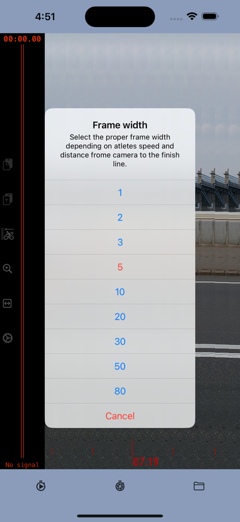 Menú para seleccionar la configuración del ancho del fotograma en la app Photo finish según la velocidad del atleta y la distancia de la cámara