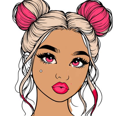 realistic girl with two buns on her hair and lips