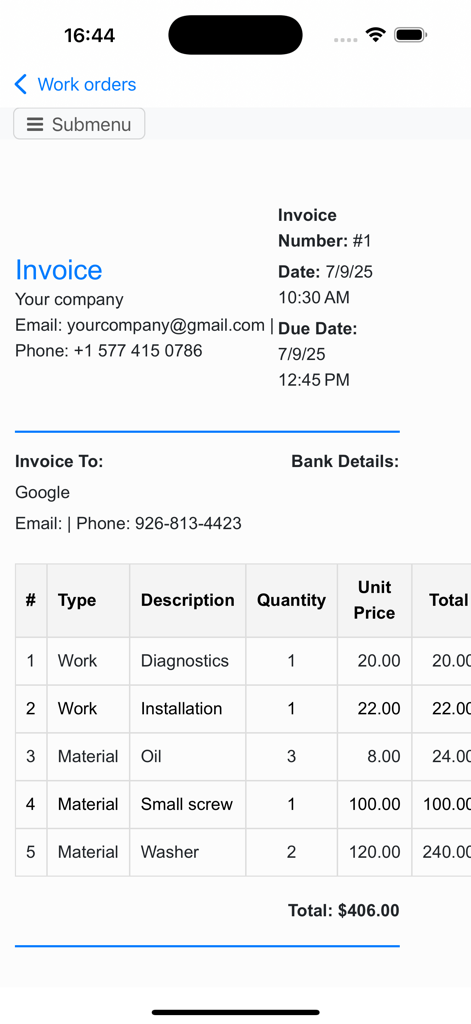 Nano Service Management - Nano Service Management app invoice showing itemized work and materials tracking