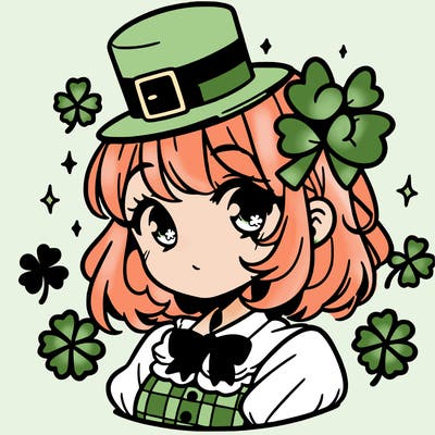 a manga-style girl with clovers around her, a little hat in her hair, like it's saint patrick's day